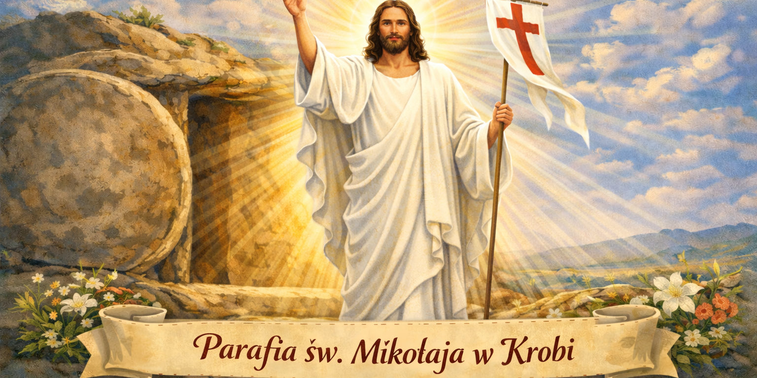 Zmartwychwstały Jezus przy pustym grobie